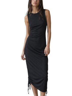 Size S Black Ribbed Ruched Tie Side Bodycon Midi Dress Sleeveless